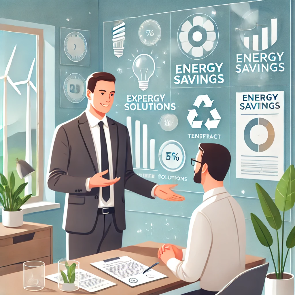 Dall·e 2024-12-09 23.53.13 - An Image Illustrating Expert Customer Service In The Energy Sector. A Professional Consultant Is Shown Explaining Solutions To A Client, With A Backdr